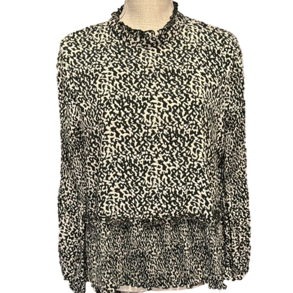THML Peplum Bell Sleeve Ruffled Mock Neck Blouse